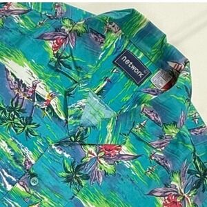 Network Mens‎ Large Tropical Hawaiian Shirt Blue Rayon Sailboat Palm Tree Camp